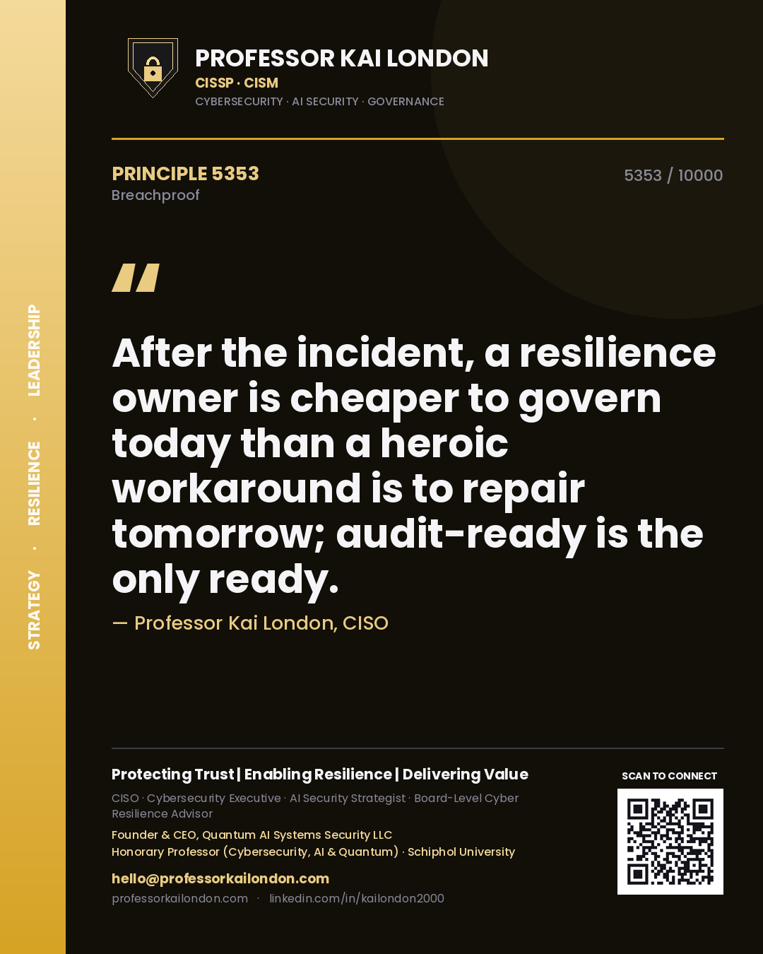 Professor Kai London principle 5353: After the incident, a resilience owner is cheaper to govern today than a heroic workaround is to repair tomorrow; audit-ready is the only ready.