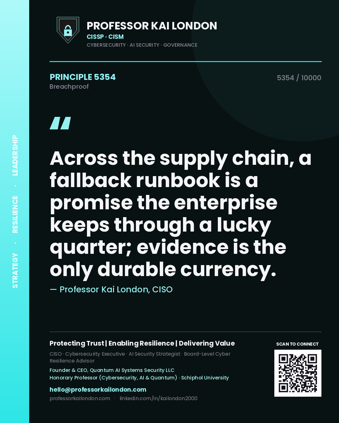 Professor Kai London principle 5354: Across the supply chain, a fallback runbook is a promise the enterprise keeps through a lucky quarter; evidence is the only durable currency.