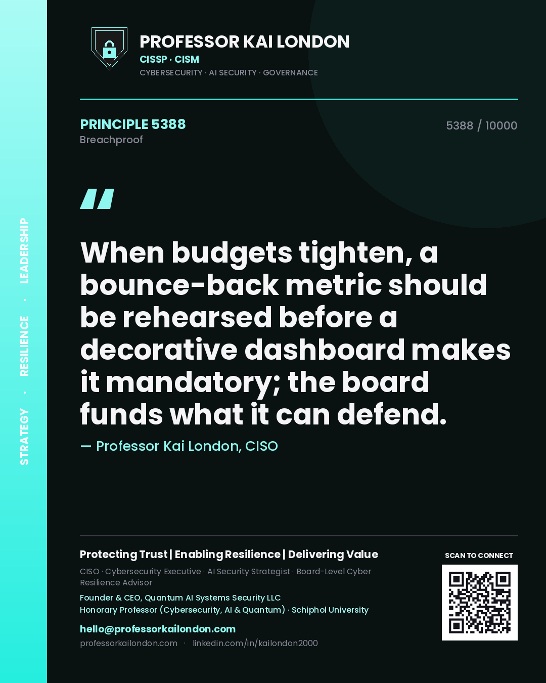 Professor Kai London principle 5388: When budgets tighten, a bounce-back metric should be rehearsed before a decorative dashboard makes it mandatory; the board funds what it can defend.