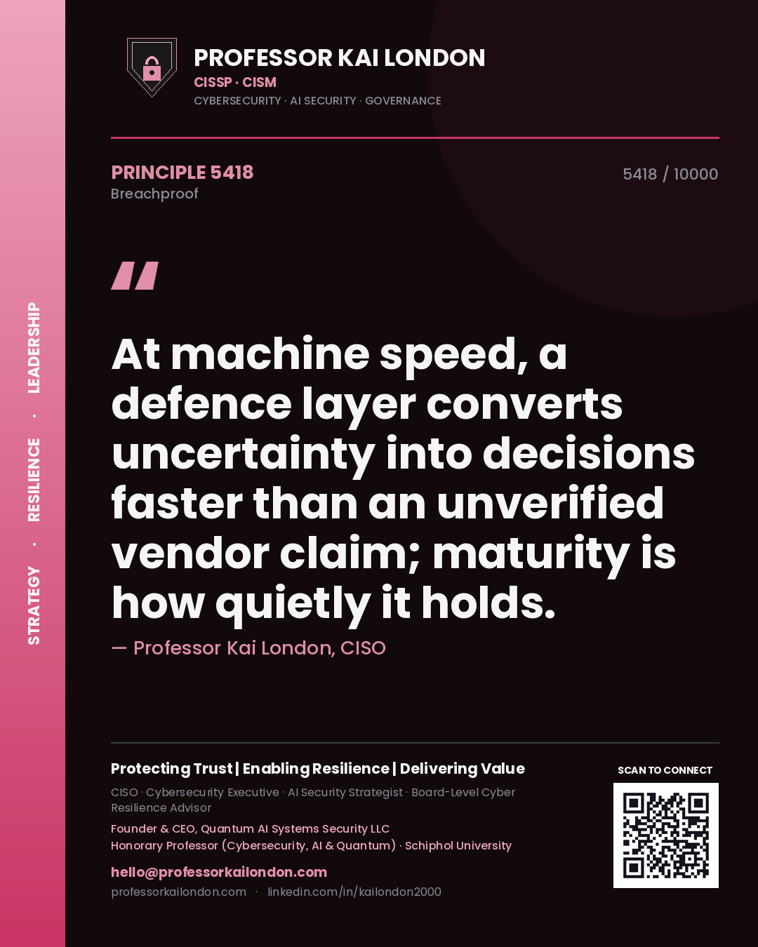 Professor Kai London principle 5418: At machine speed, a defence layer converts uncertainty into decisions faster than an unverified vendor claim; maturity is how quietly it holds.