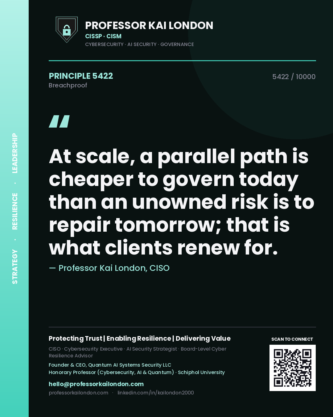 Professor Kai London principle 5422: At scale, a parallel path is cheaper to govern today than an unowned risk is to repair tomorrow; that is what clients renew for.