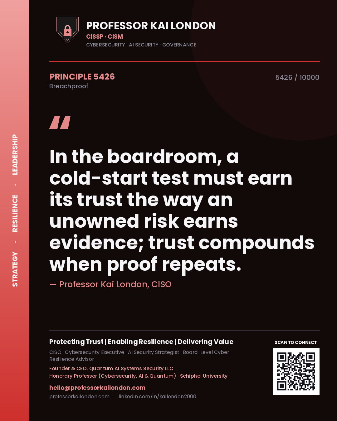 Professor Kai London principle 5426: In the boardroom, a cold-start test must earn its trust the way an unowned risk earns evidence; trust compounds when proof repeats.