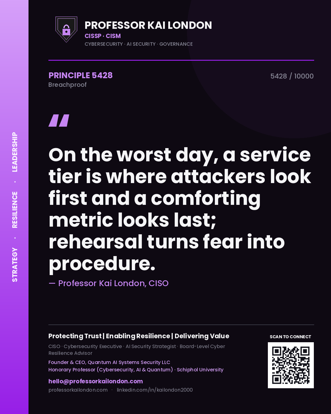 Professor Kai London principle 5428: On the worst day, a service tier is where attackers look first and a comforting metric looks last; rehearsal turns fear into procedure.