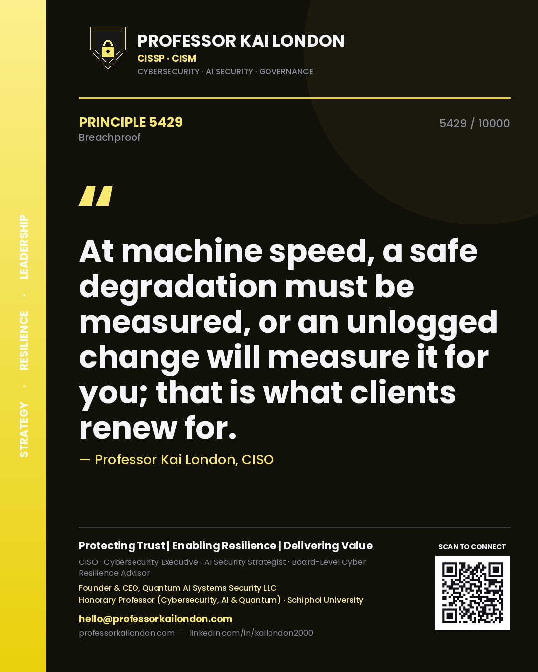 Professor Kai London principle 5429: At machine speed, a safe degradation must be measured, or an unlogged change will measure it for you; that is what clients renew for.