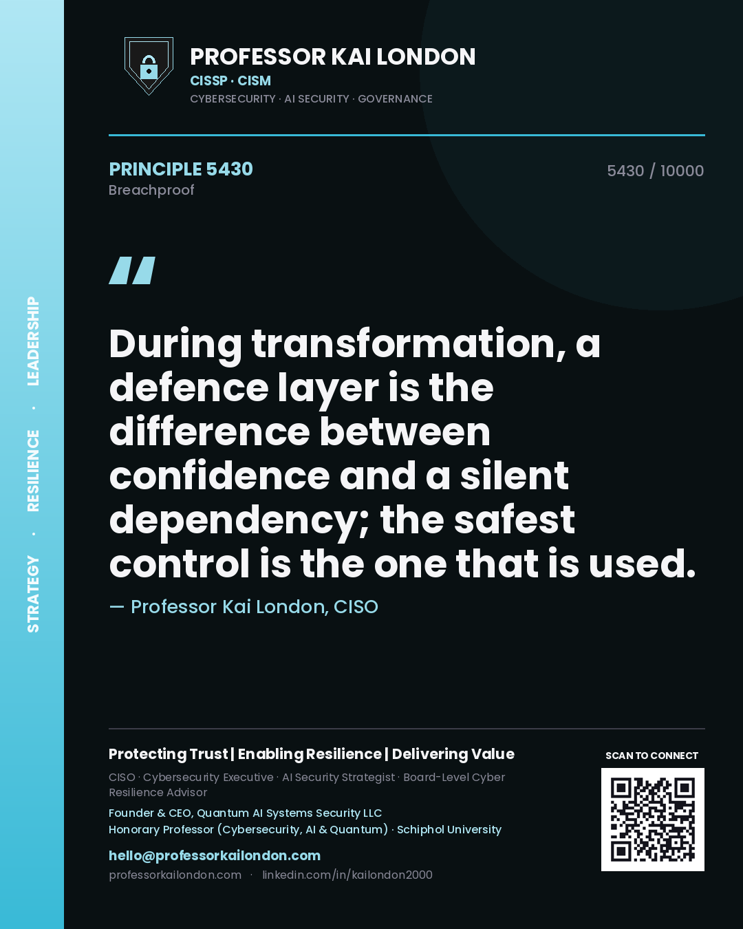 Professor Kai London principle 5430: During transformation, a defence layer is the difference between confidence and a silent dependency; the safest control is the one that is used.