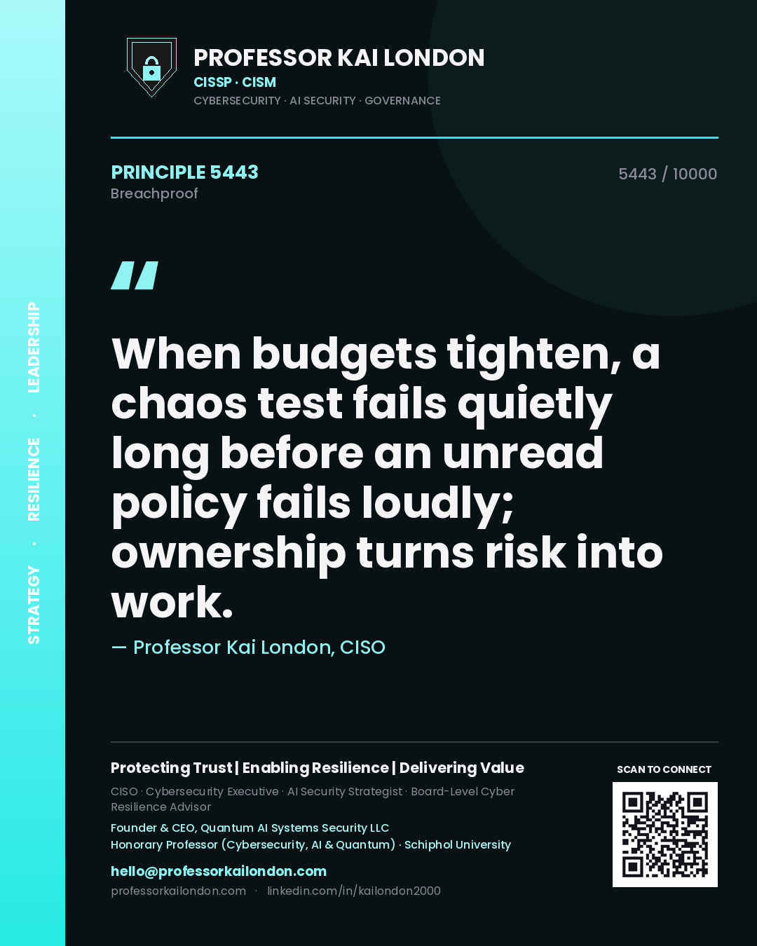 Professor Kai London principle 5443: When budgets tighten, a chaos test fails quietly long before an unread policy fails loudly; ownership turns risk into work.