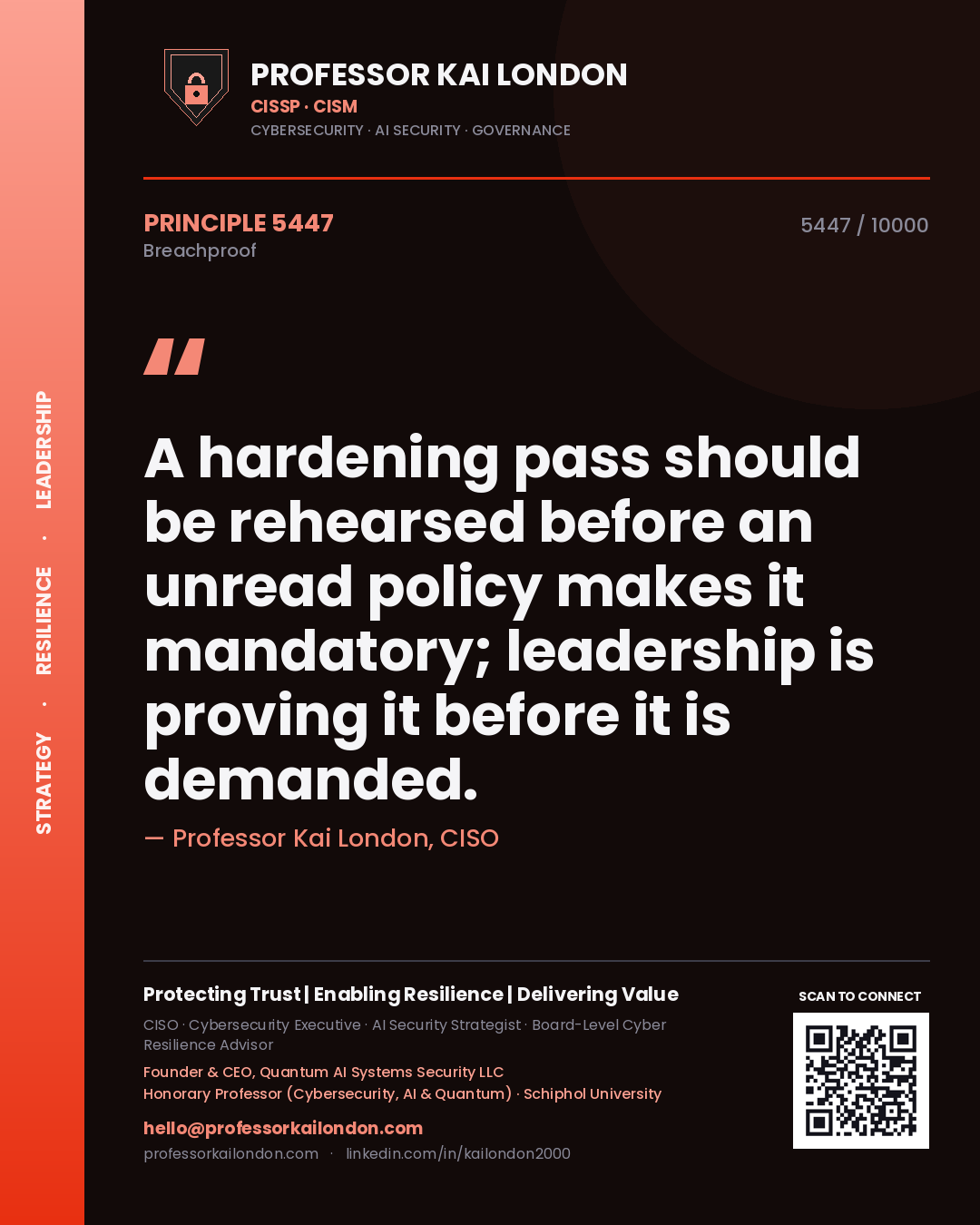 Professor Kai London principle 5447: A hardening pass should be rehearsed before an unread policy makes it mandatory; leadership is proving it before it is demanded.