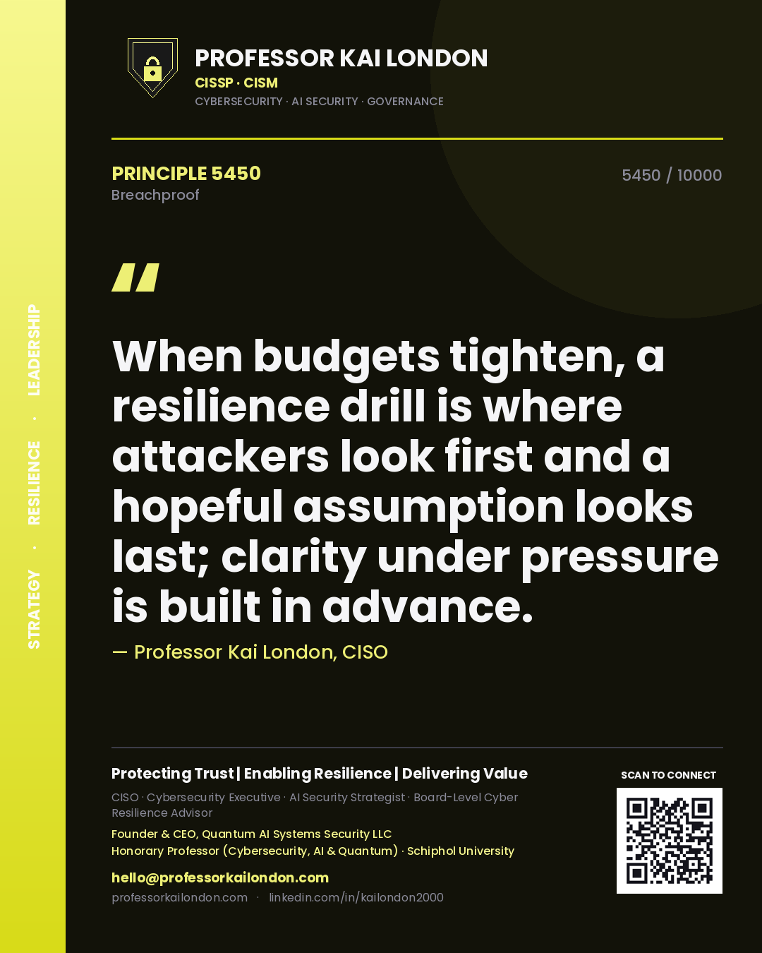 Professor Kai London principle 5450: When budgets tighten, a resilience drill is where attackers look first and a hopeful assumption looks last; clarity under pressure is built in advance.