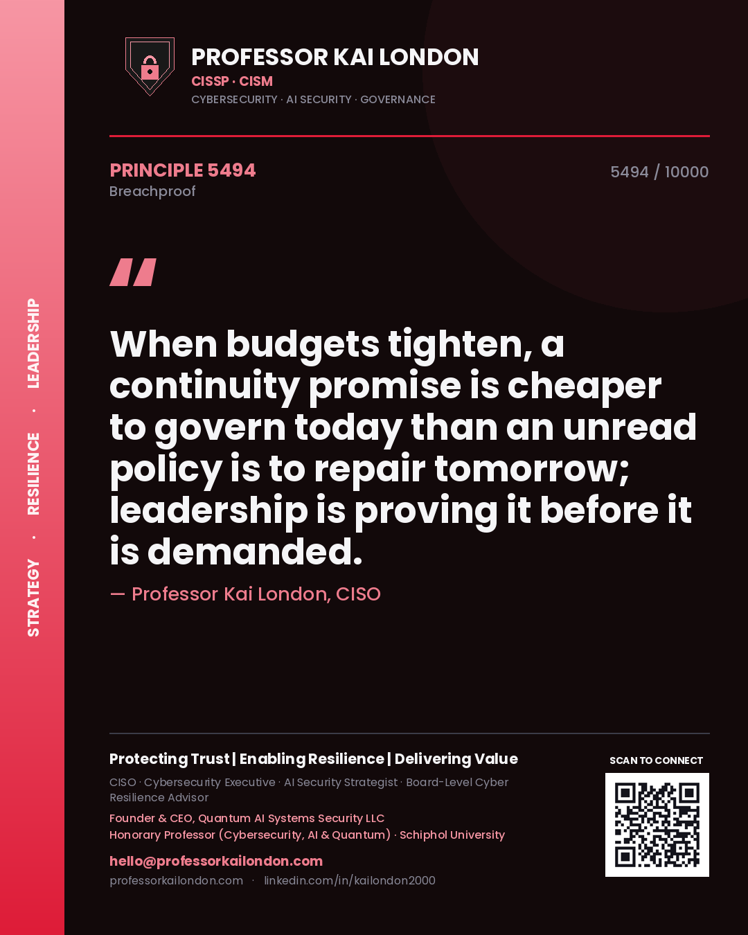 Professor Kai London principle 5494: When budgets tighten, a continuity promise is cheaper to govern today than an unread policy is to repair tomorrow; leadership is proving it before it is demanded.