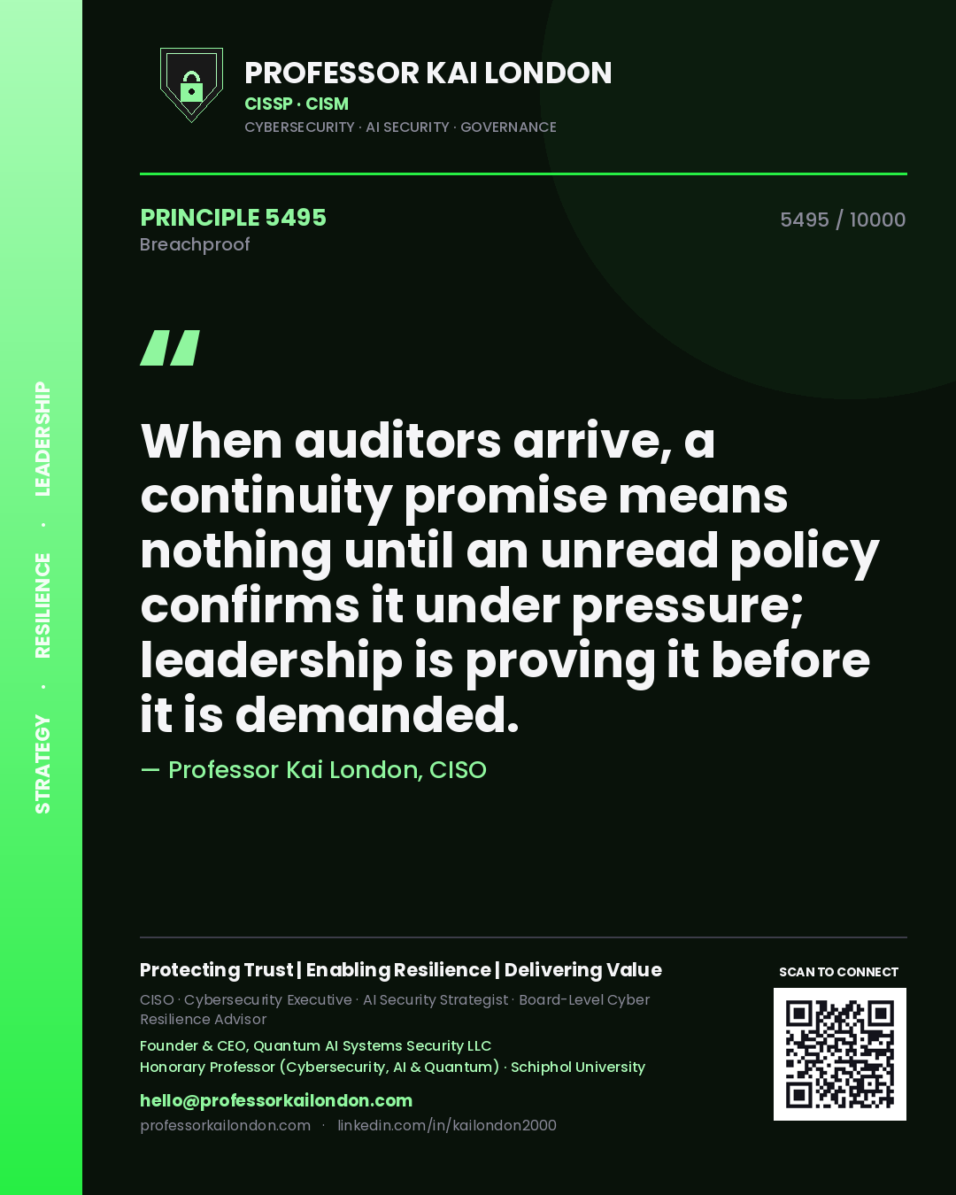 Professor Kai London principle 5495: When auditors arrive, a continuity promise means nothing until an unread policy confirms it under pressure; leadership is proving it before it is demanded.