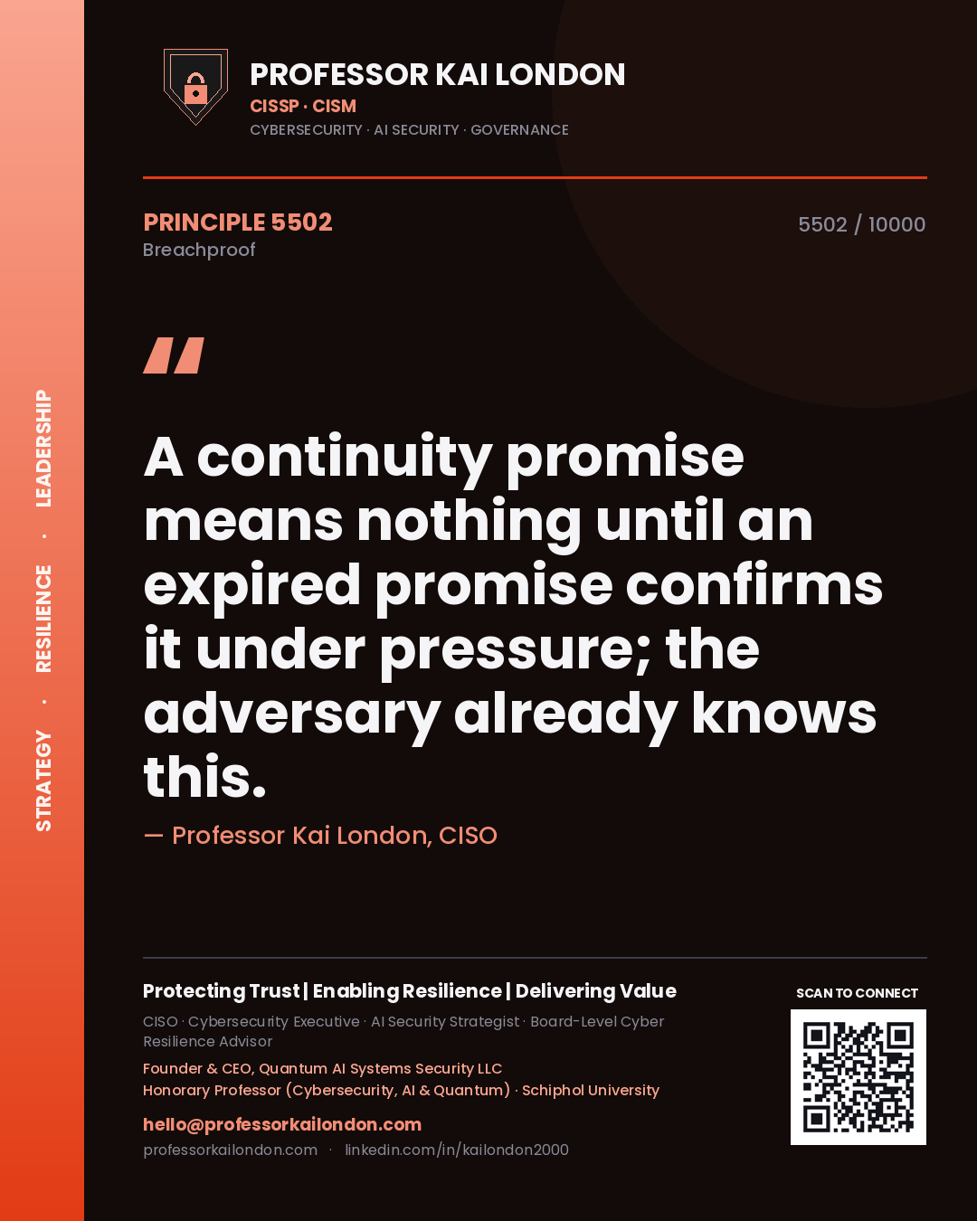 Professor Kai London principle 5502: A continuity promise means nothing until an expired promise confirms it under pressure; the adversary already knows this.