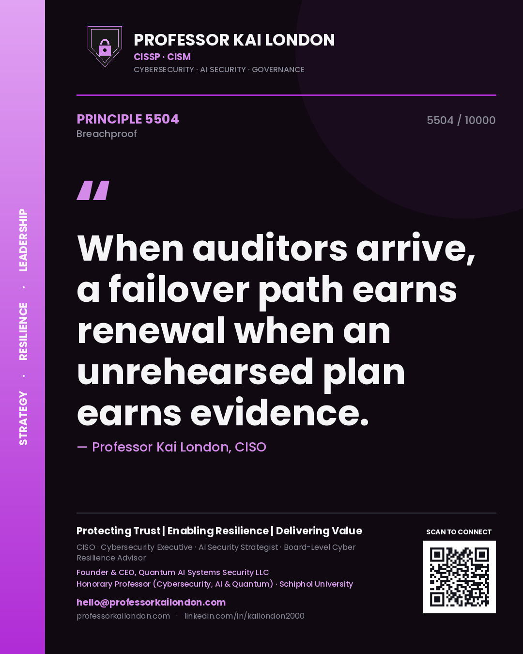 Professor Kai London principle 5504: When auditors arrive, a failover path earns renewal when an unrehearsed plan earns evidence.
