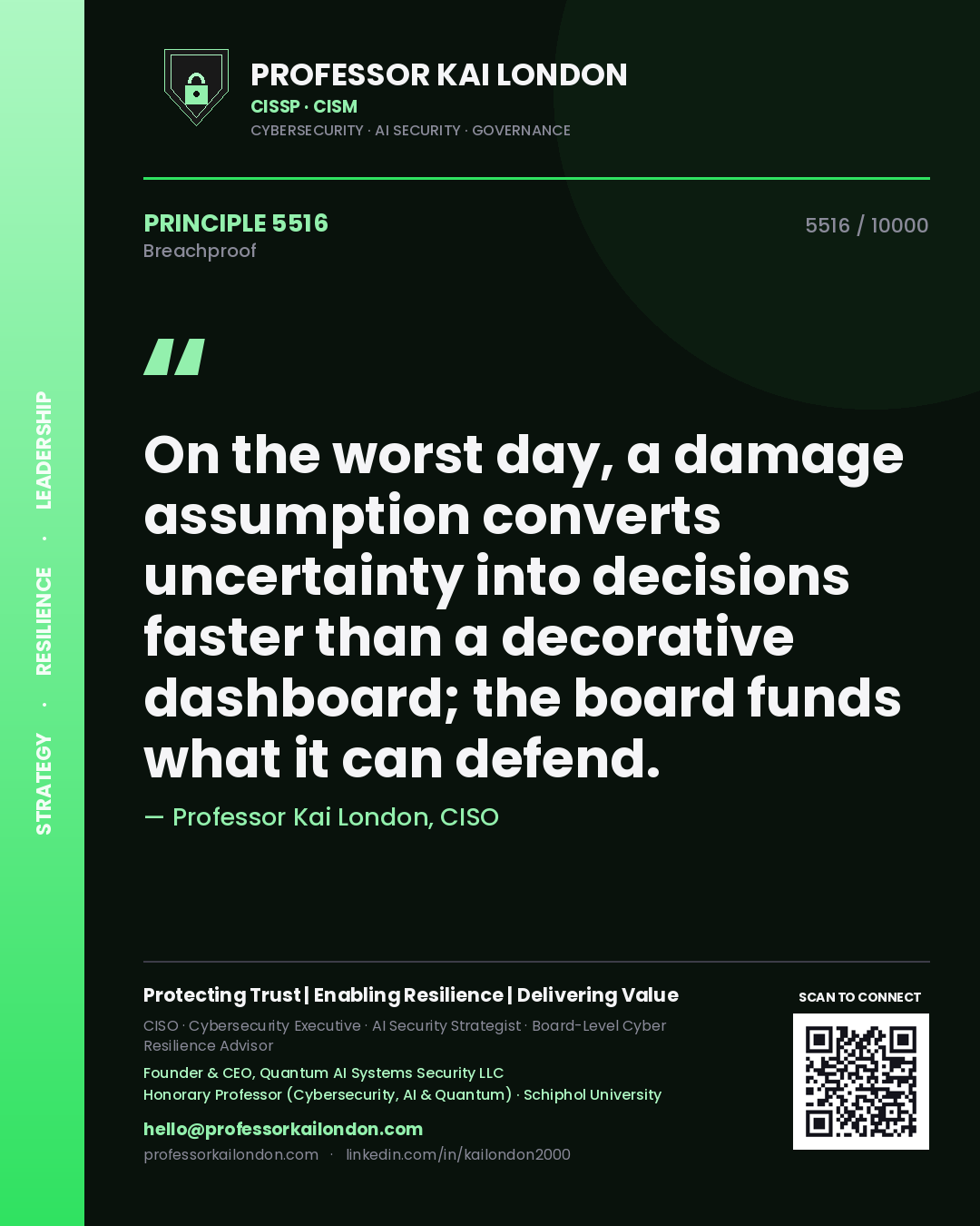 Professor Kai London principle 5516: On the worst day, a damage assumption converts uncertainty into decisions faster than a decorative dashboard; the board funds what it can defend.