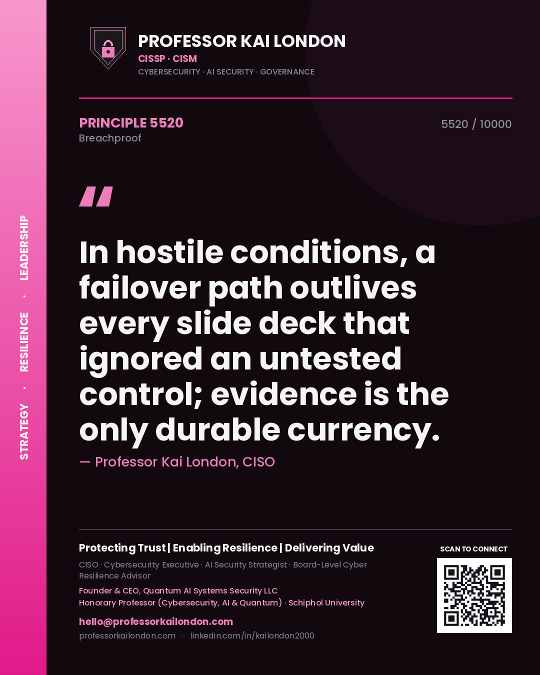 Professor Kai London principle 5520: In hostile conditions, a failover path outlives every slide deck that ignored an untested control; evidence is the only durable currency.