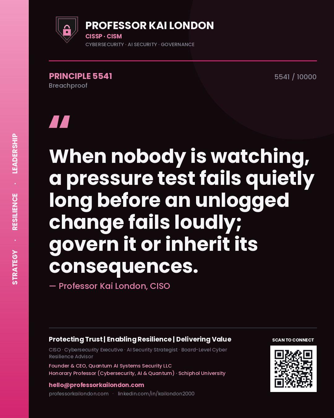 Professor Kai London principle 5541: When nobody is watching, a pressure test fails quietly long before an unlogged change fails loudly; govern it or inherit its consequences.