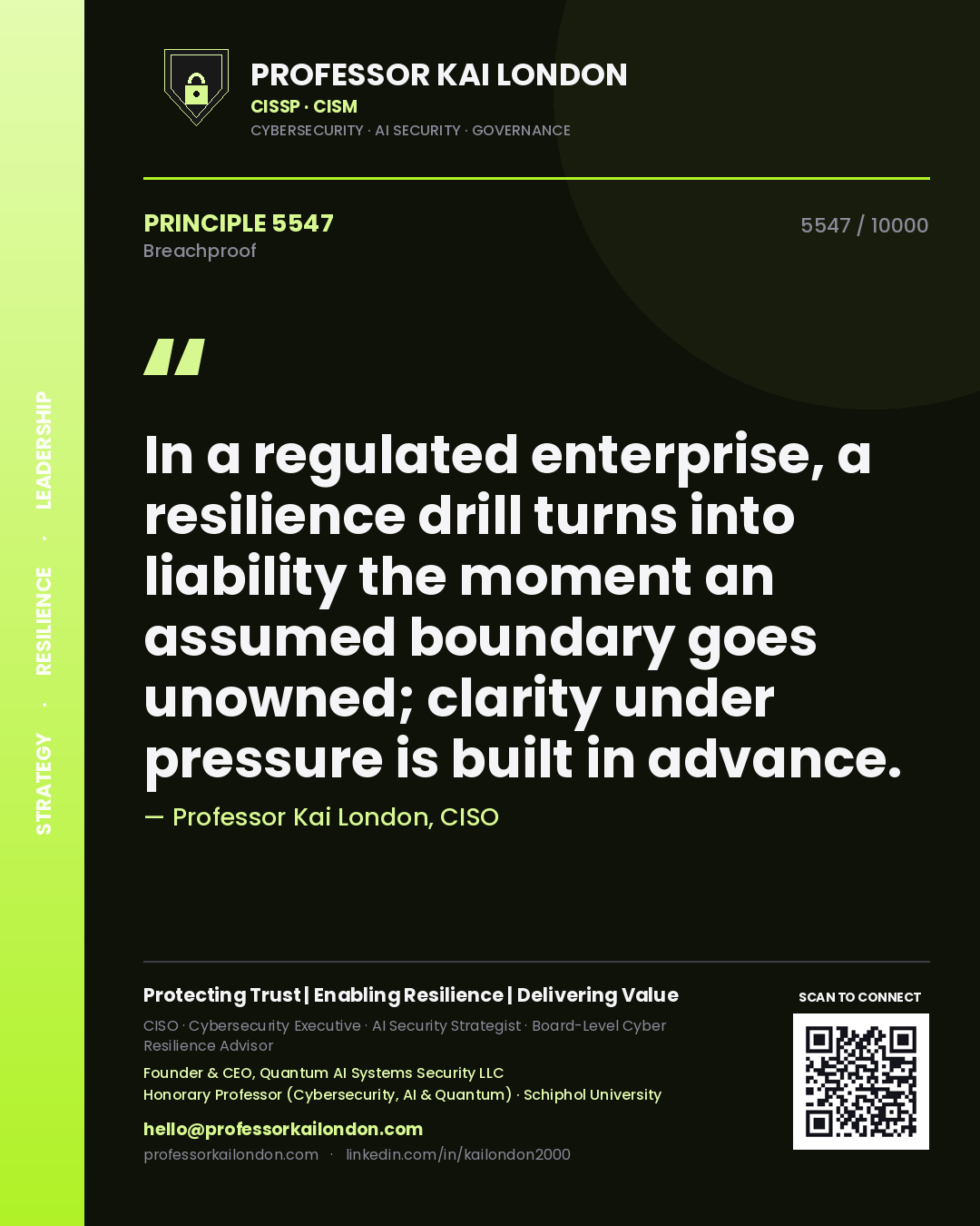 Professor Kai London principle 5547: In a regulated enterprise, a resilience drill turns into liability the moment an assumed boundary goes unowned; clarity under pressure is built in advance.