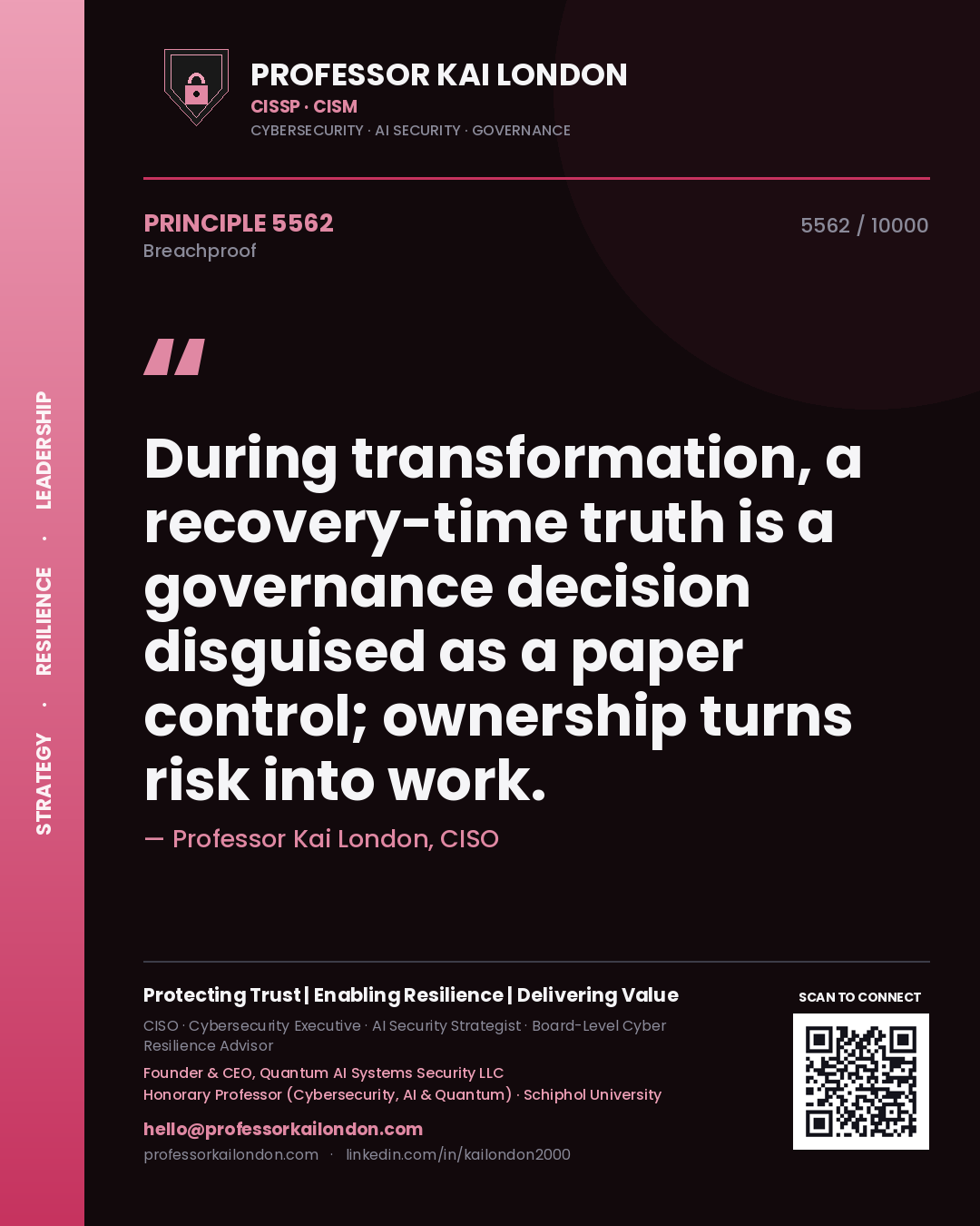 Professor Kai London principle 5562: During transformation, a recovery-time truth is a governance decision disguised as a paper control; ownership turns risk into work.