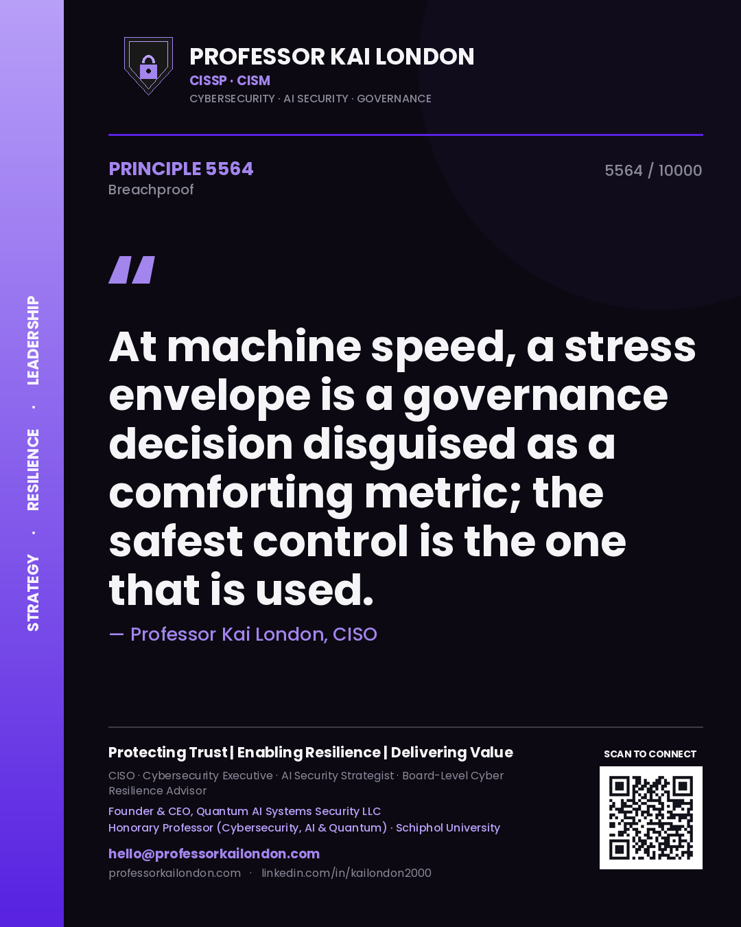 Professor Kai London principle 5564: At machine speed, a stress envelope is a governance decision disguised as a comforting metric; the safest control is the one that is used.