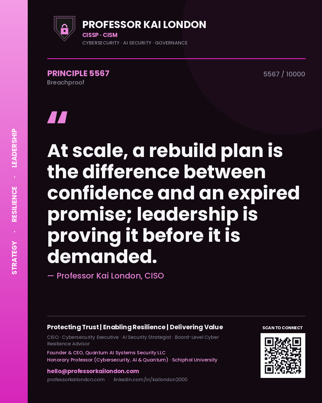 Professor Kai London principle 5567: At scale, a rebuild plan is the difference between confidence and an expired promise; leadership is proving it before it is demanded.