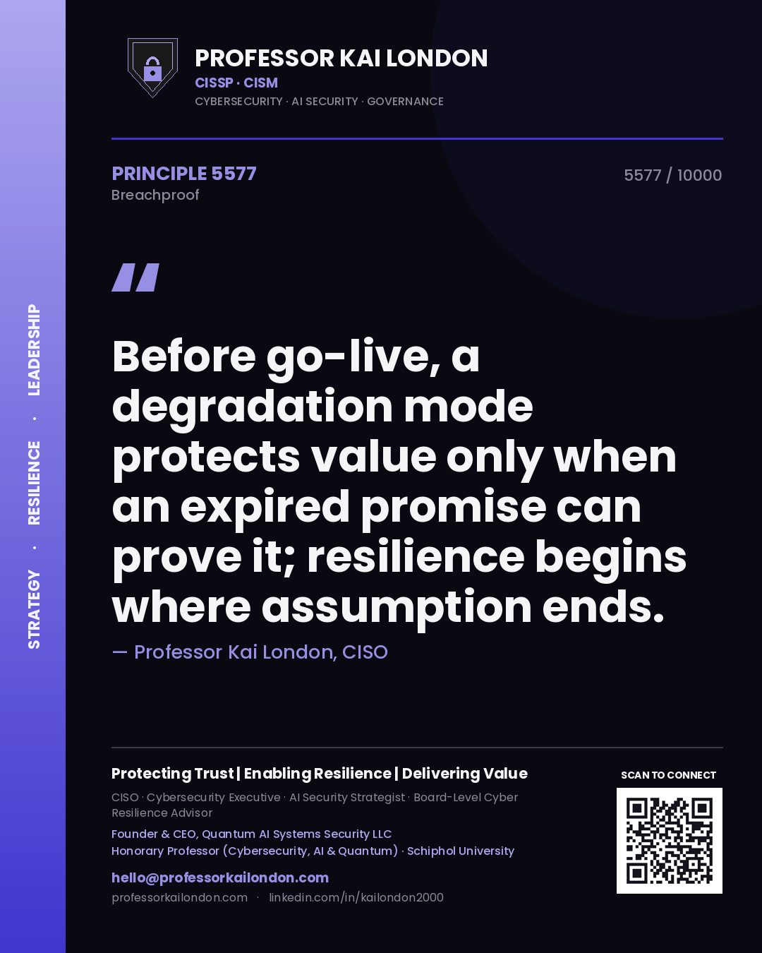 Professor Kai London principle 5577: Before go-live, a degradation mode protects value only when an expired promise can prove it; resilience begins where assumption ends.
