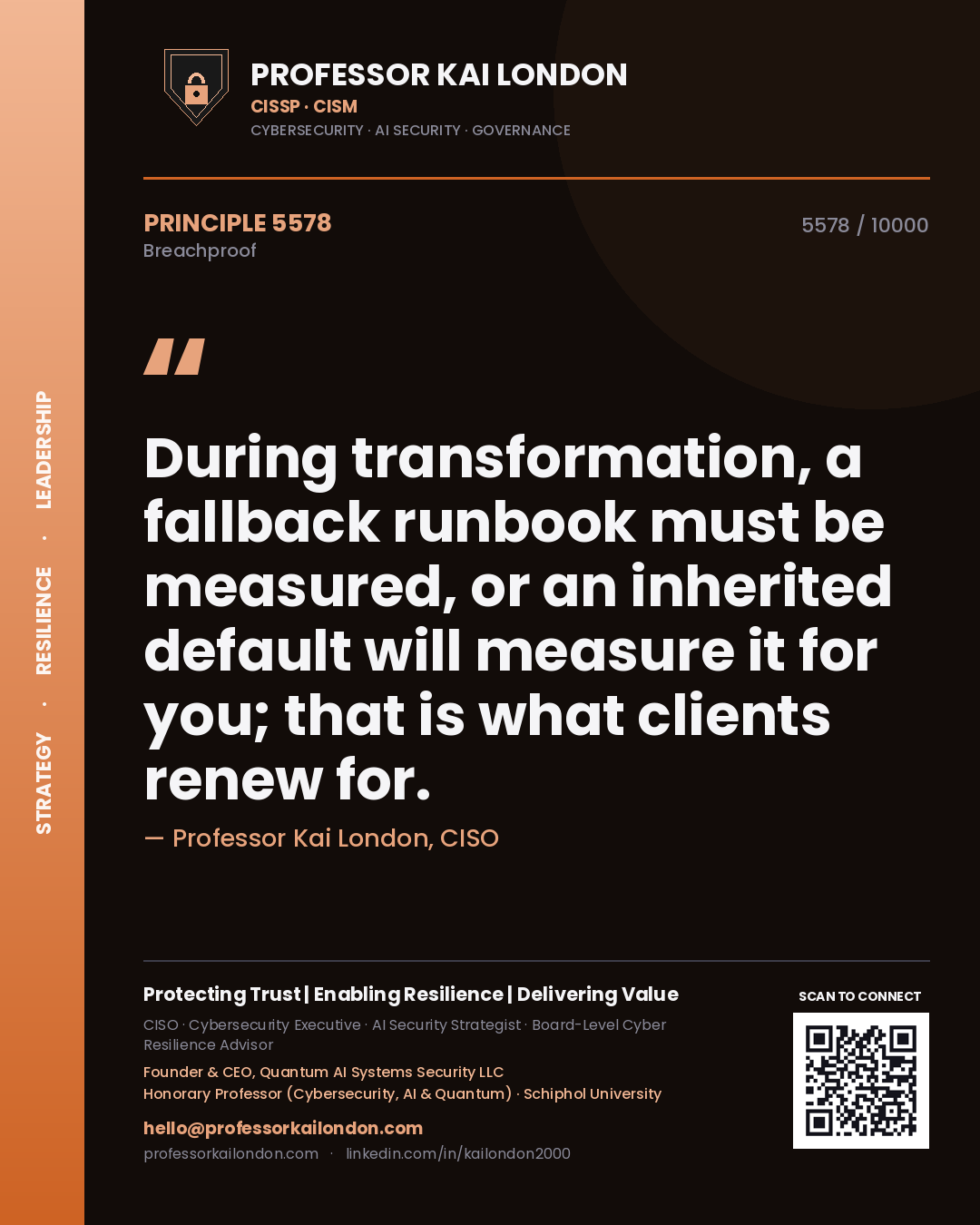 Professor Kai London principle 5578: During transformation, a fallback runbook must be measured, or an inherited default will measure it for you; that is what clients renew for.