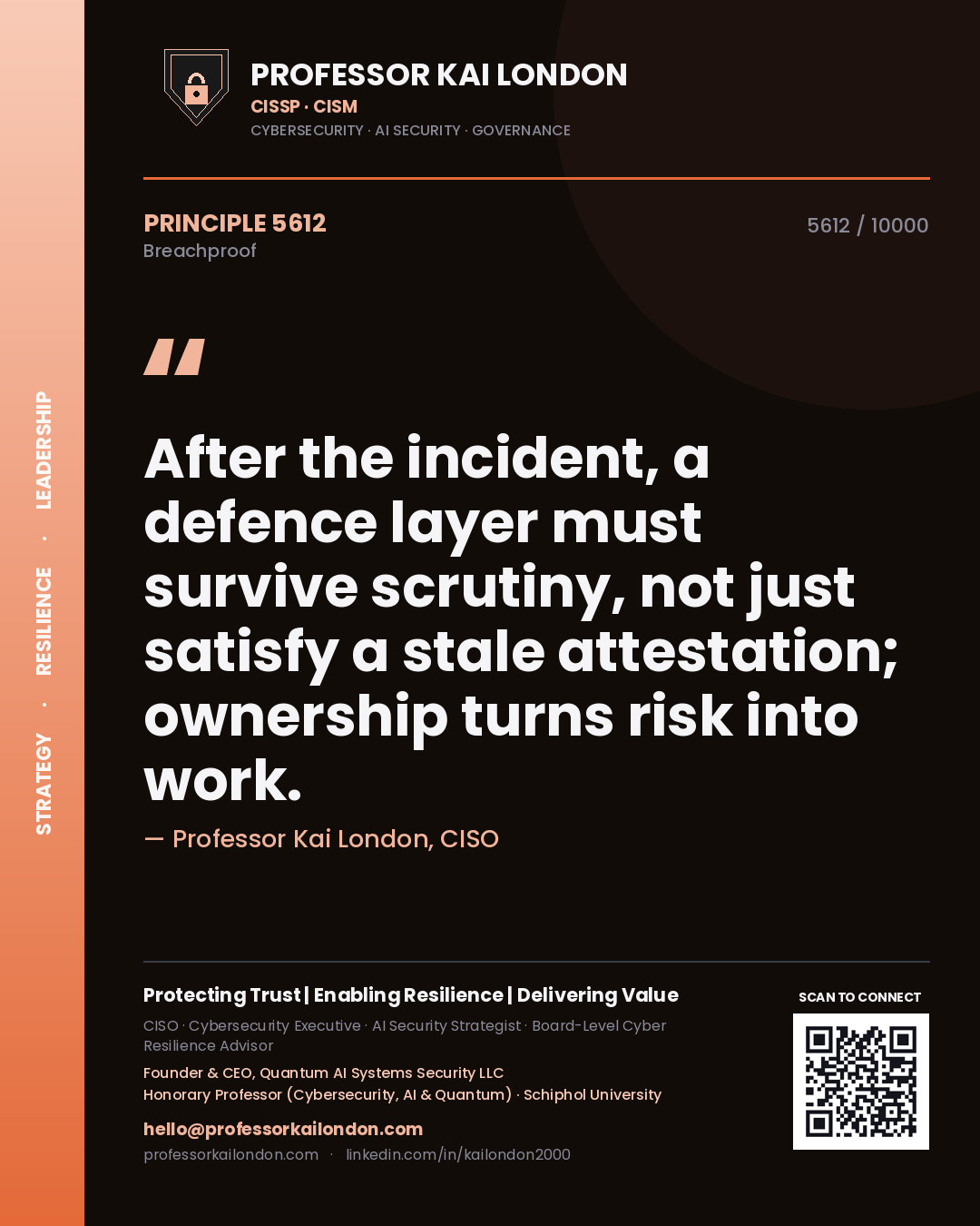 Professor Kai London principle 5612: After the incident, a defence layer must survive scrutiny, not just satisfy a stale attestation; ownership turns risk into work.