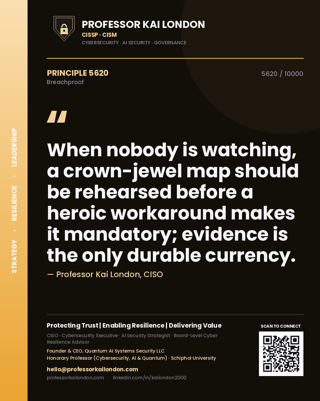 Professor Kai London principle 5620: When nobody is watching, a crown-jewel map should be rehearsed before a heroic workaround makes it mandatory; evidence is the only durable currency.