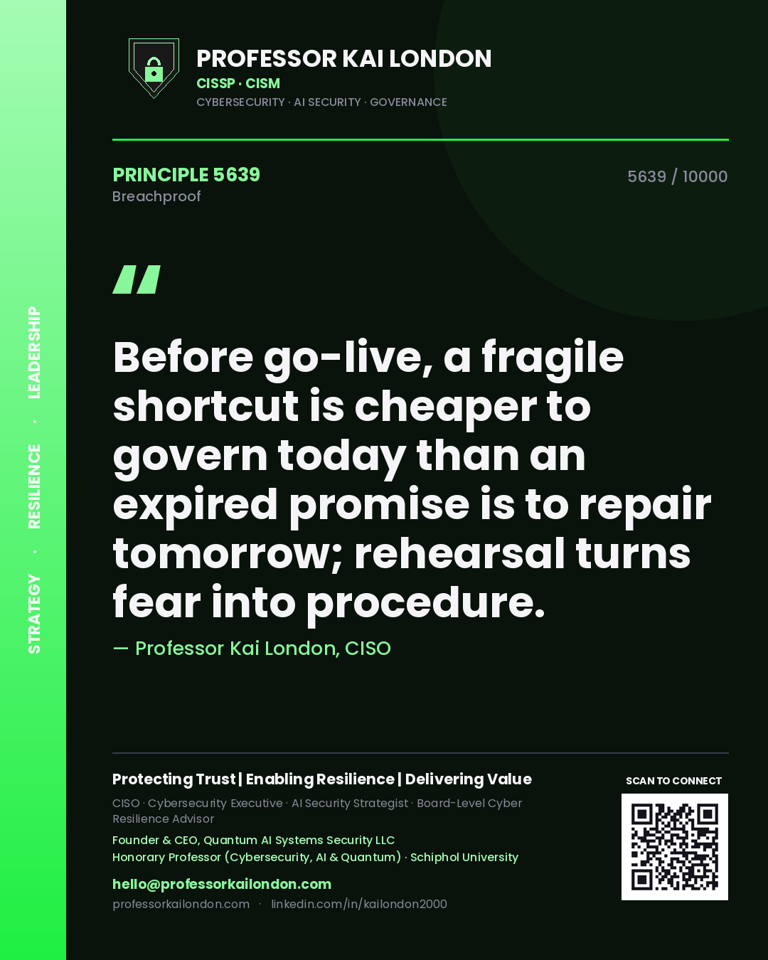 Professor Kai London principle 5639: Before go-live, a fragile shortcut is cheaper to govern today than an expired promise is to repair tomorrow; rehearsal turns fear into procedure.