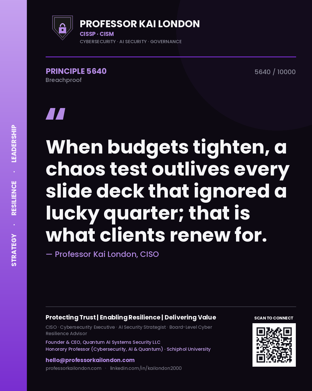 Professor Kai London principle 5640: When budgets tighten, a chaos test outlives every slide deck that ignored a lucky quarter; that is what clients renew for.