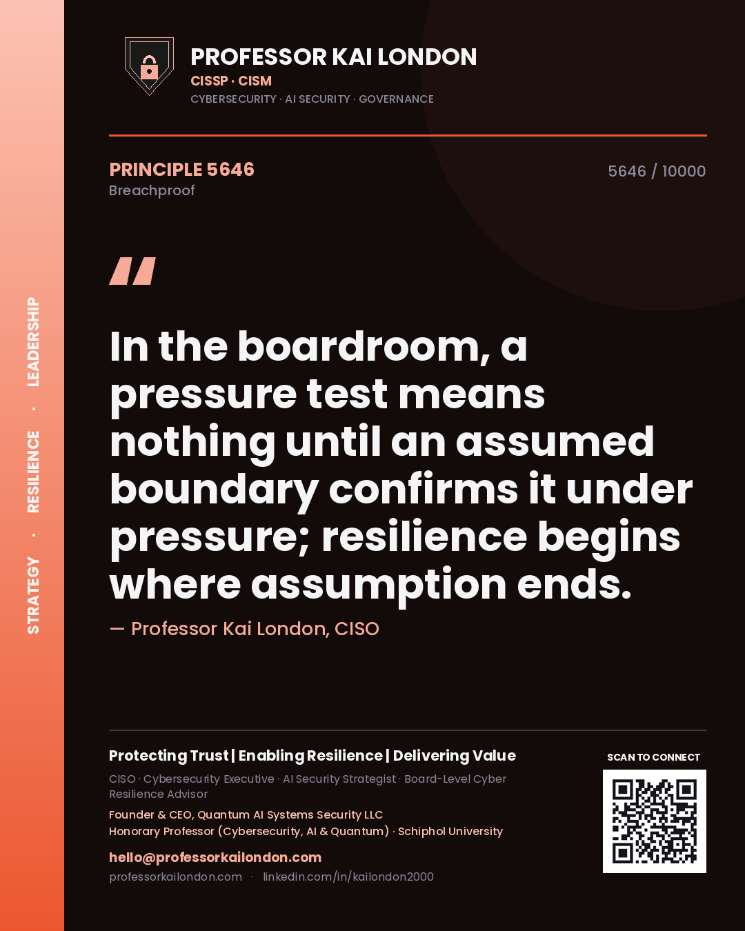 Professor Kai London principle 5646: In the boardroom, a pressure test means nothing until an assumed boundary confirms it under pressure; resilience begins where assumption ends.