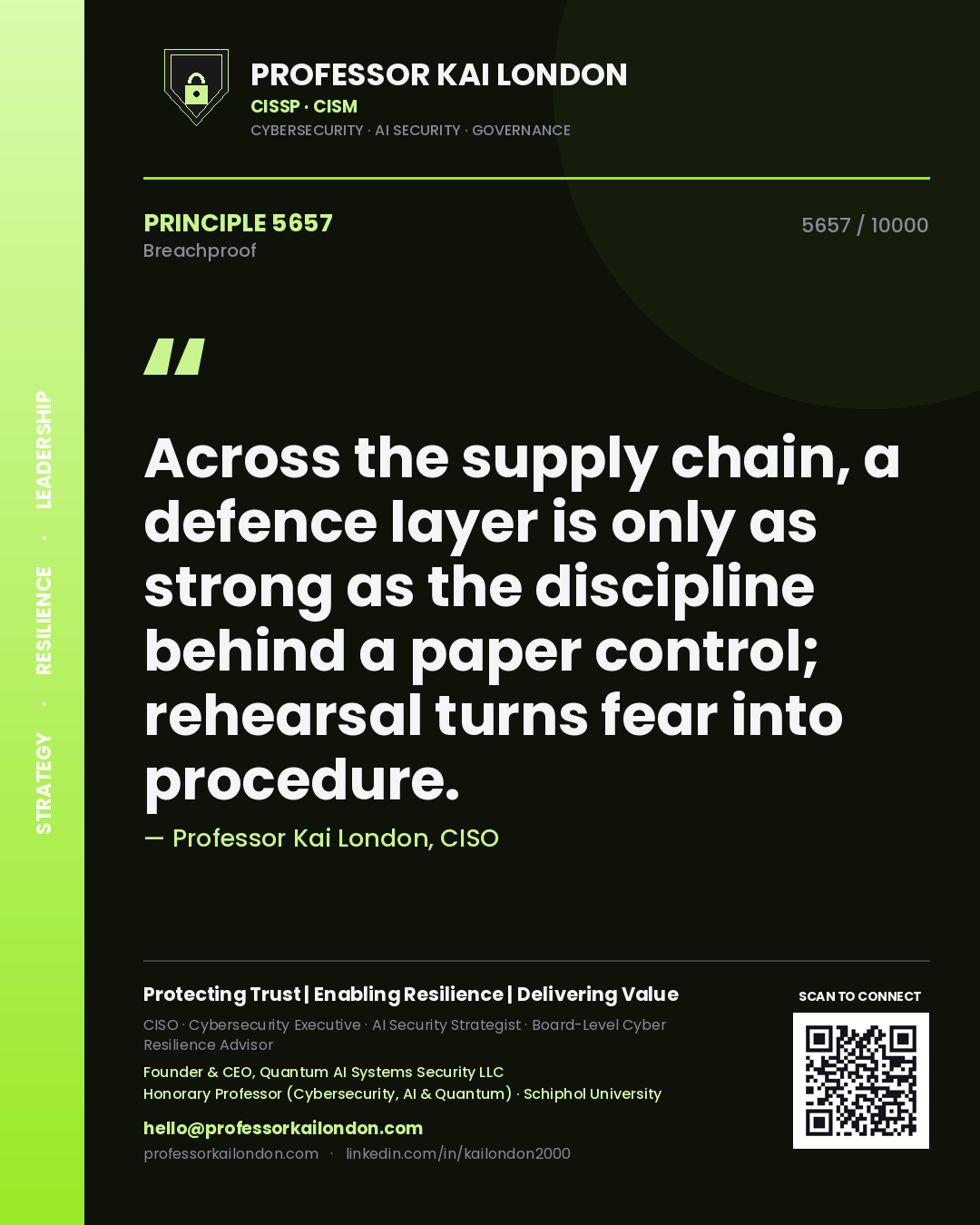 Professor Kai London principle 5657: Across the supply chain, a defence layer is only as strong as the discipline behind a paper control; rehearsal turns fear into procedure.