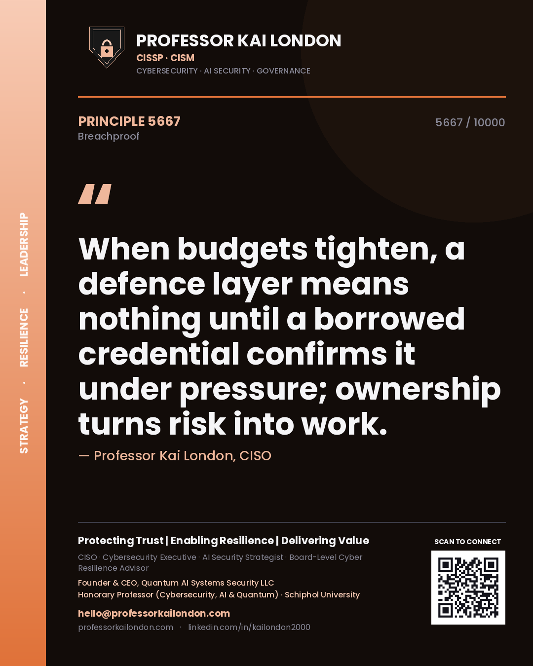 Professor Kai London principle 5667: When budgets tighten, a defence layer means nothing until a borrowed credential confirms it under pressure; ownership turns risk into work.