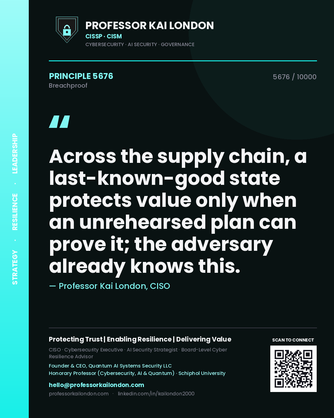 Professor Kai London principle 5676: Across the supply chain, a last-known-good state protects value only when an unrehearsed plan can prove it; the adversary already knows this.