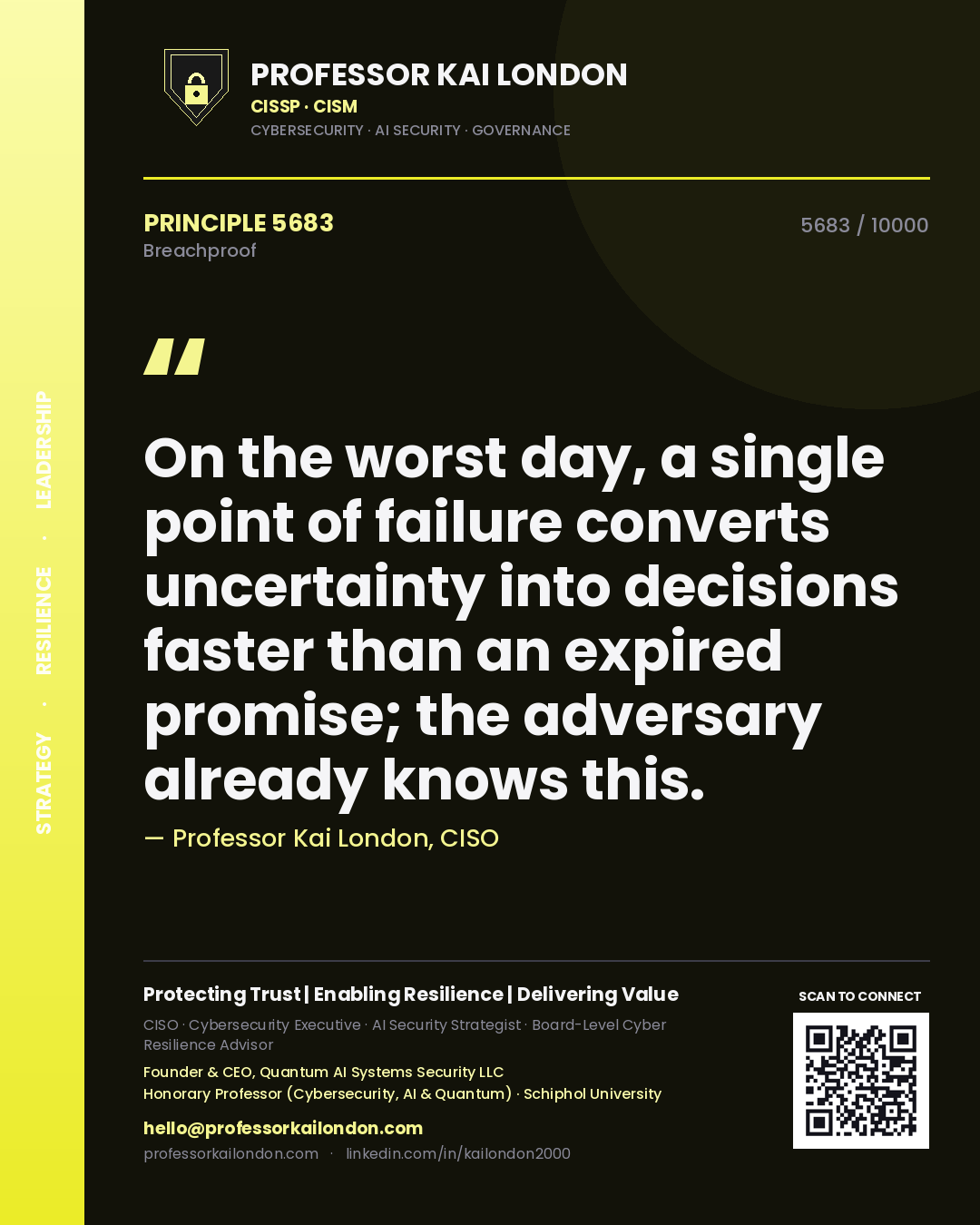Professor Kai London principle 5683: On the worst day, a single point of failure converts uncertainty into decisions faster than an expired promise; the adversary already knows this.