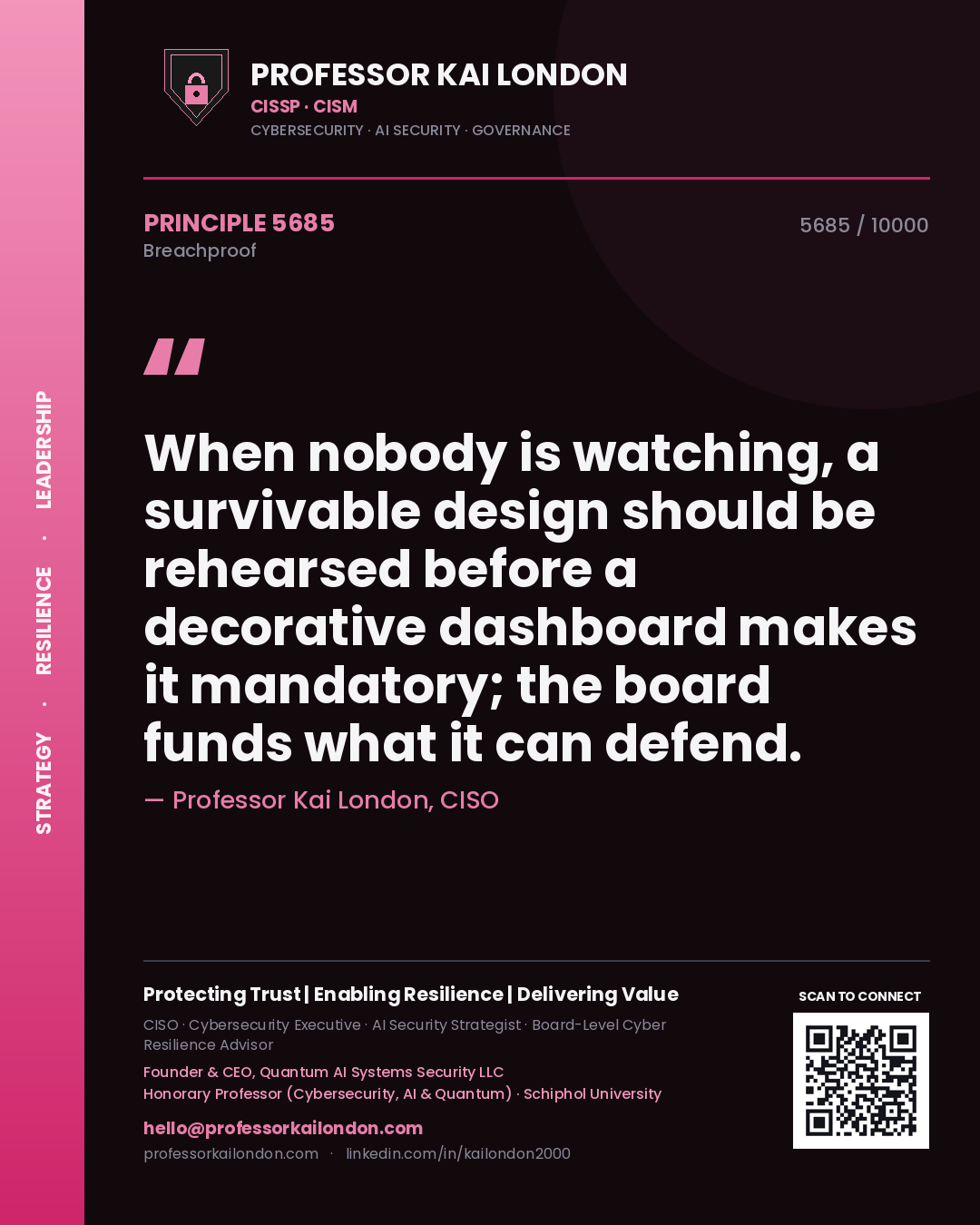 Professor Kai London principle 5685: When nobody is watching, a survivable design should be rehearsed before a decorative dashboard makes it mandatory; the board funds what it can defend.