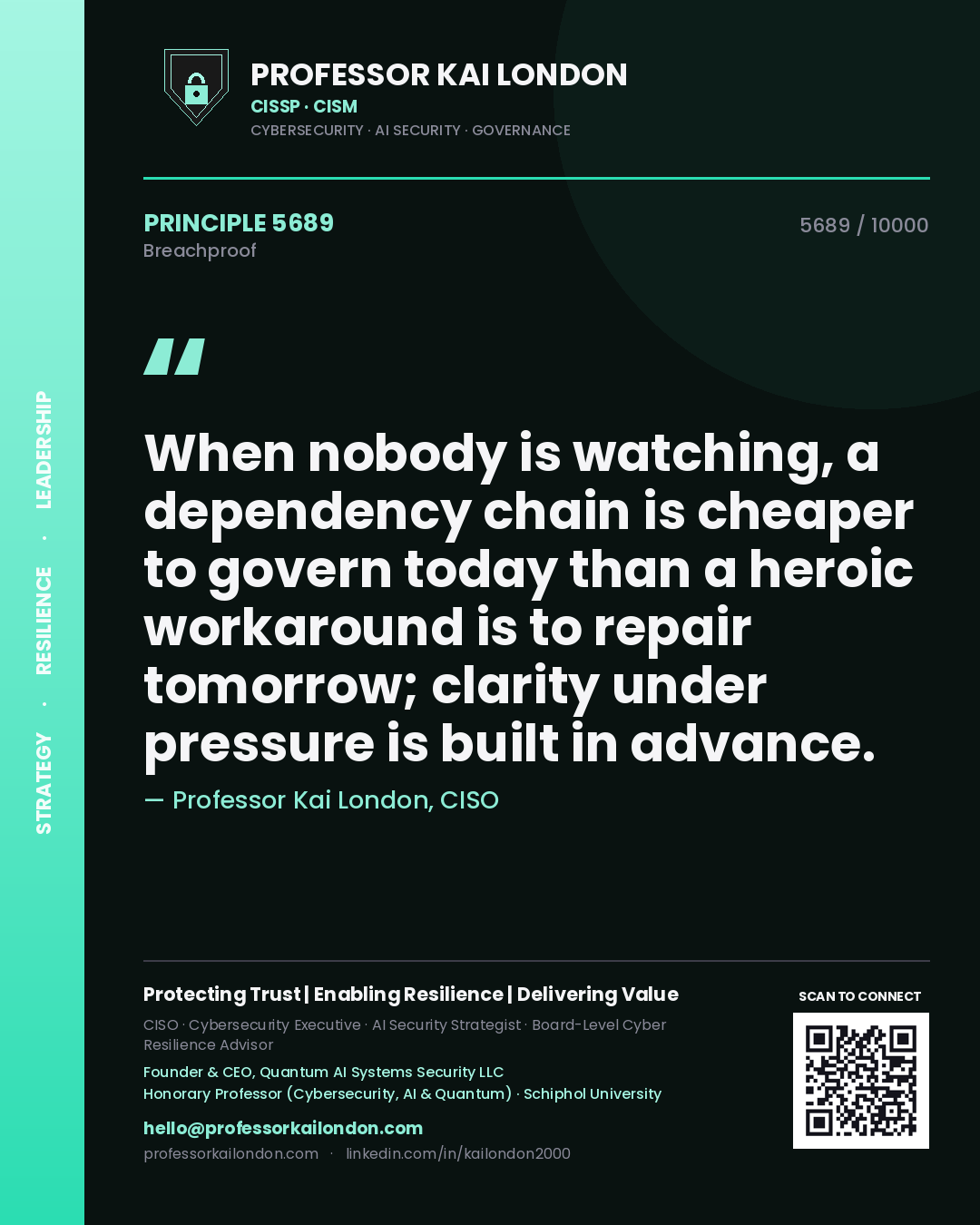 Professor Kai London principle 5689: When nobody is watching, a dependency chain is cheaper to govern today than a heroic workaround is to repair tomorrow; clarity under pressure is built in advance.