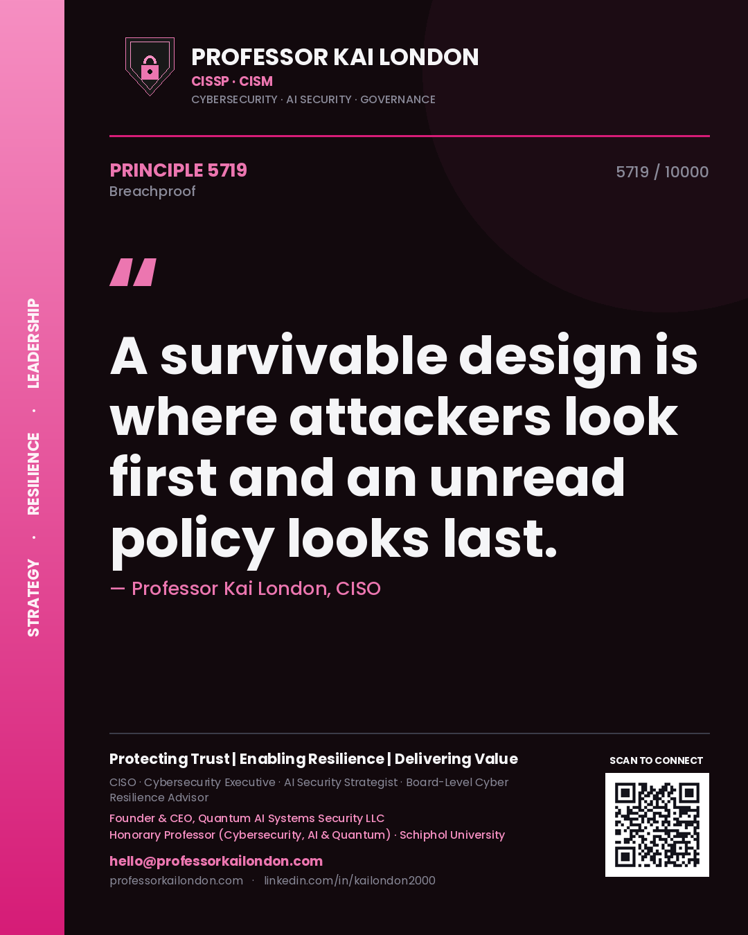 Professor Kai London principle 5719: A survivable design is where attackers look first and an unread policy looks last.