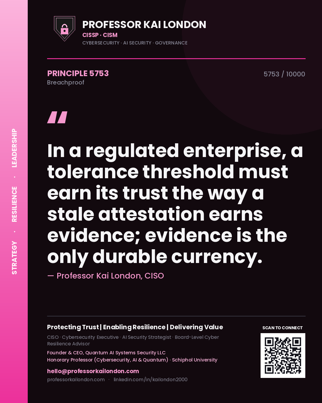 Professor Kai London principle 5753: In a regulated enterprise, a tolerance threshold must earn its trust the way a stale attestation earns evidence; evidence is the only durable currency.