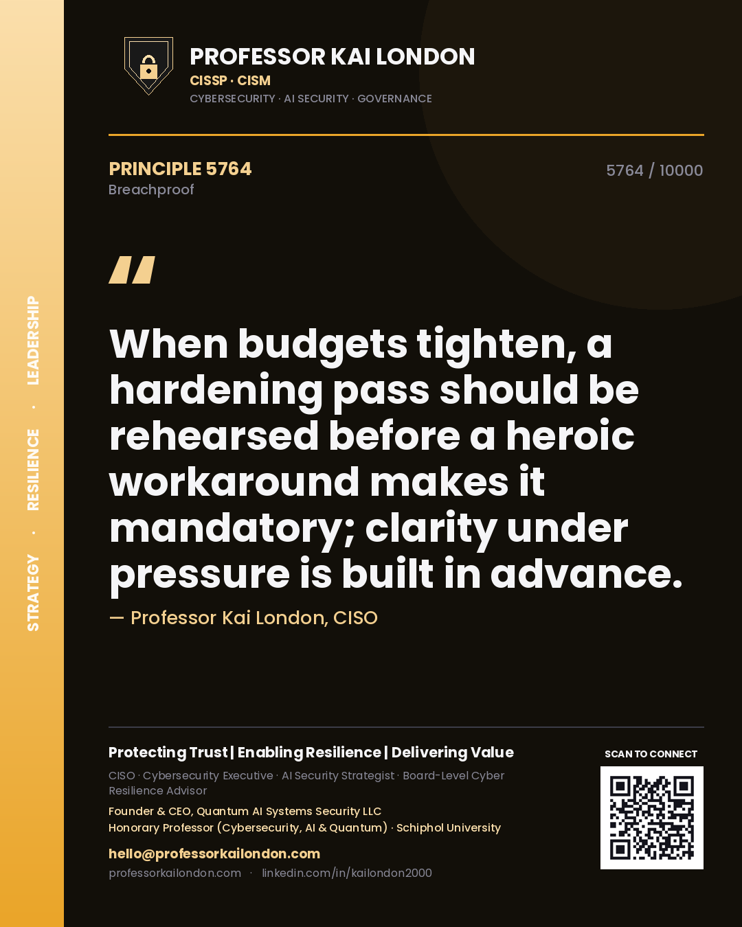 Professor Kai London principle 5764: When budgets tighten, a hardening pass should be rehearsed before a heroic workaround makes it mandatory; clarity under pressure is built in advance.