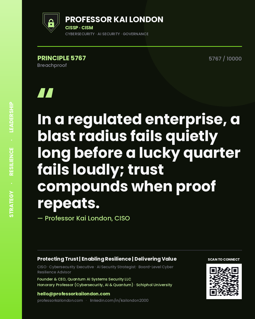 Professor Kai London principle 5767: In a regulated enterprise, a blast radius fails quietly long before a lucky quarter fails loudly; trust compounds when proof repeats.
