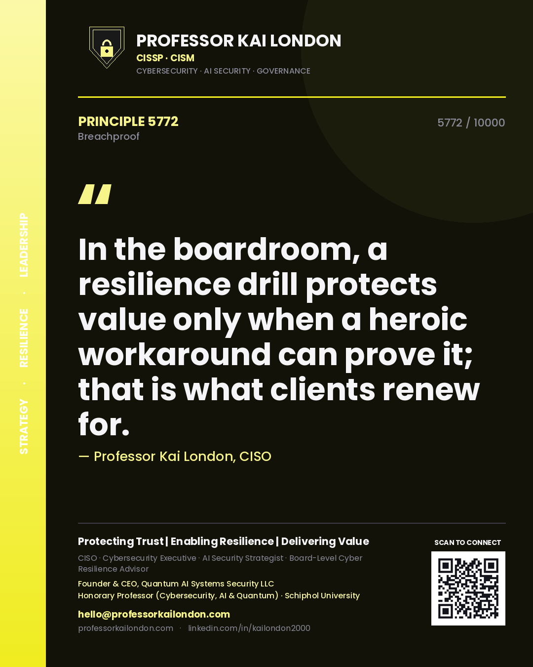 Professor Kai London principle 5772: In the boardroom, a resilience drill protects value only when a heroic workaround can prove it; that is what clients renew for.