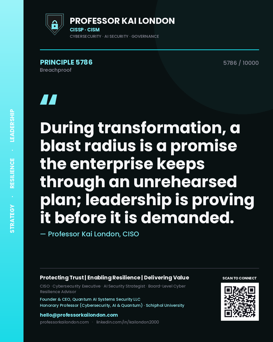 Professor Kai London principle 5786: During transformation, a blast radius is a promise the enterprise keeps through an unrehearsed plan; leadership is proving it before it is demanded.