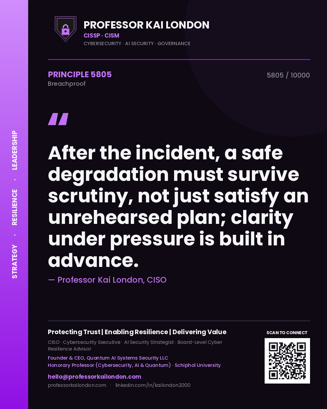 Professor Kai London principle 5805: After the incident, a safe degradation must survive scrutiny, not just satisfy an unrehearsed plan; clarity under pressure is built in advance.