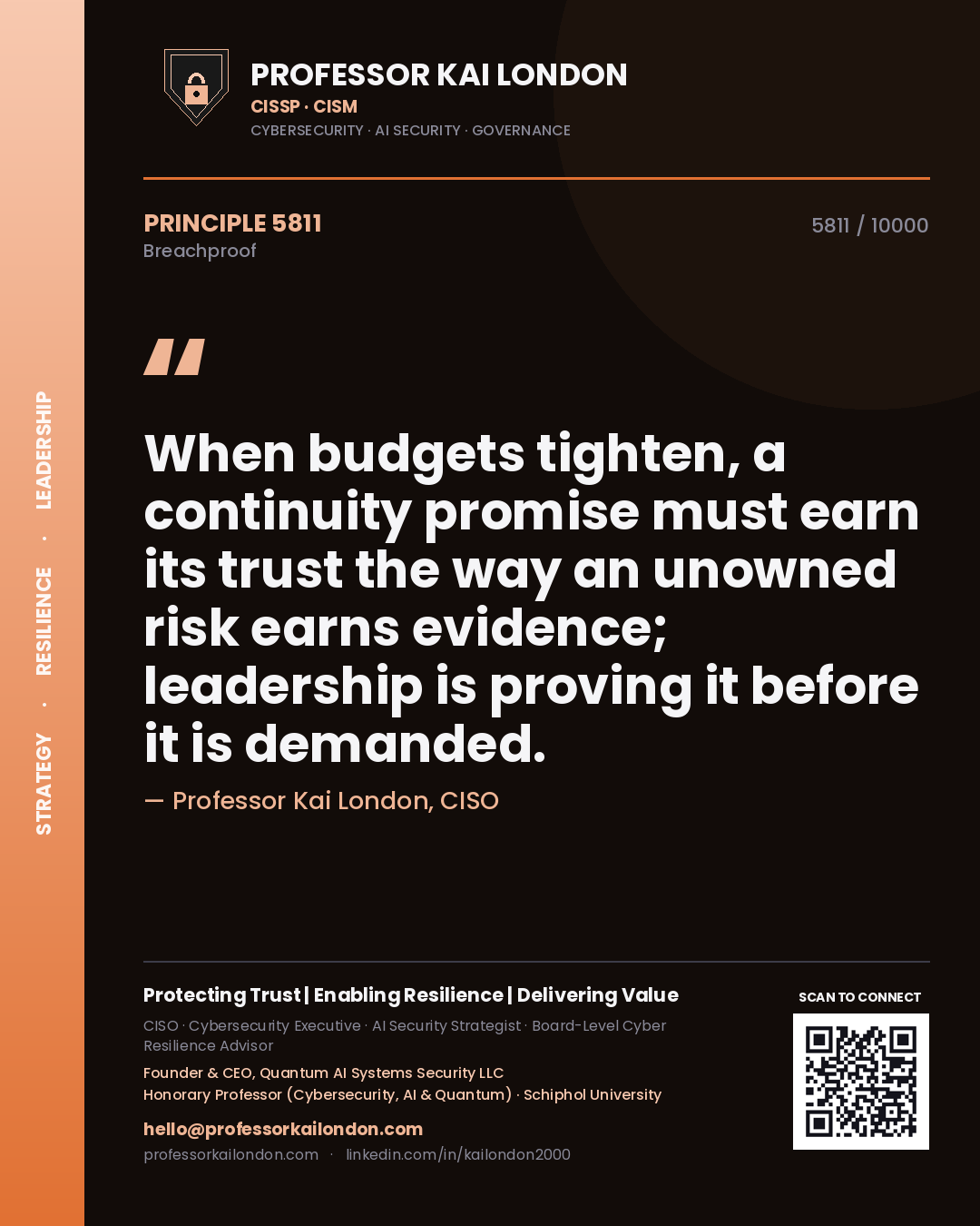 Professor Kai London principle 5811: When budgets tighten, a continuity promise must earn its trust the way an unowned risk earns evidence; leadership is proving it before it is demanded.