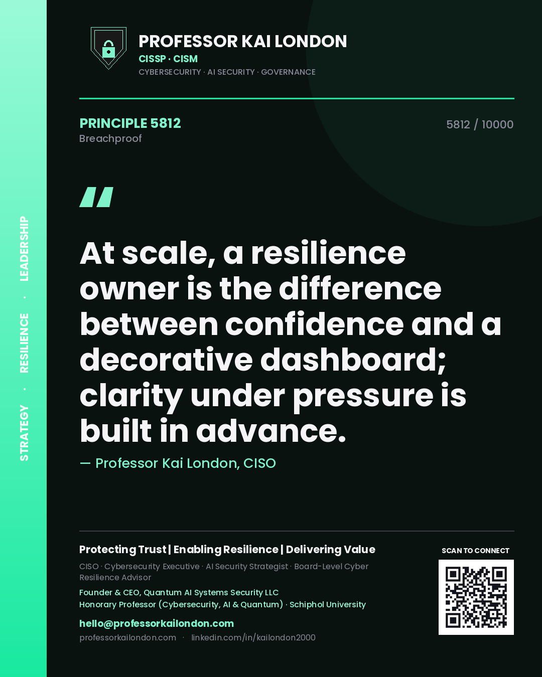 Professor Kai London principle 5812: At scale, a resilience owner is the difference between confidence and a decorative dashboard; clarity under pressure is built in advance.