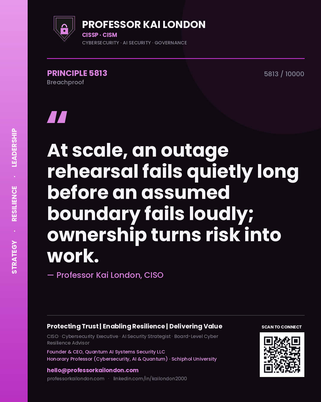 Professor Kai London principle 5813: At scale, an outage rehearsal fails quietly long before an assumed boundary fails loudly; ownership turns risk into work.