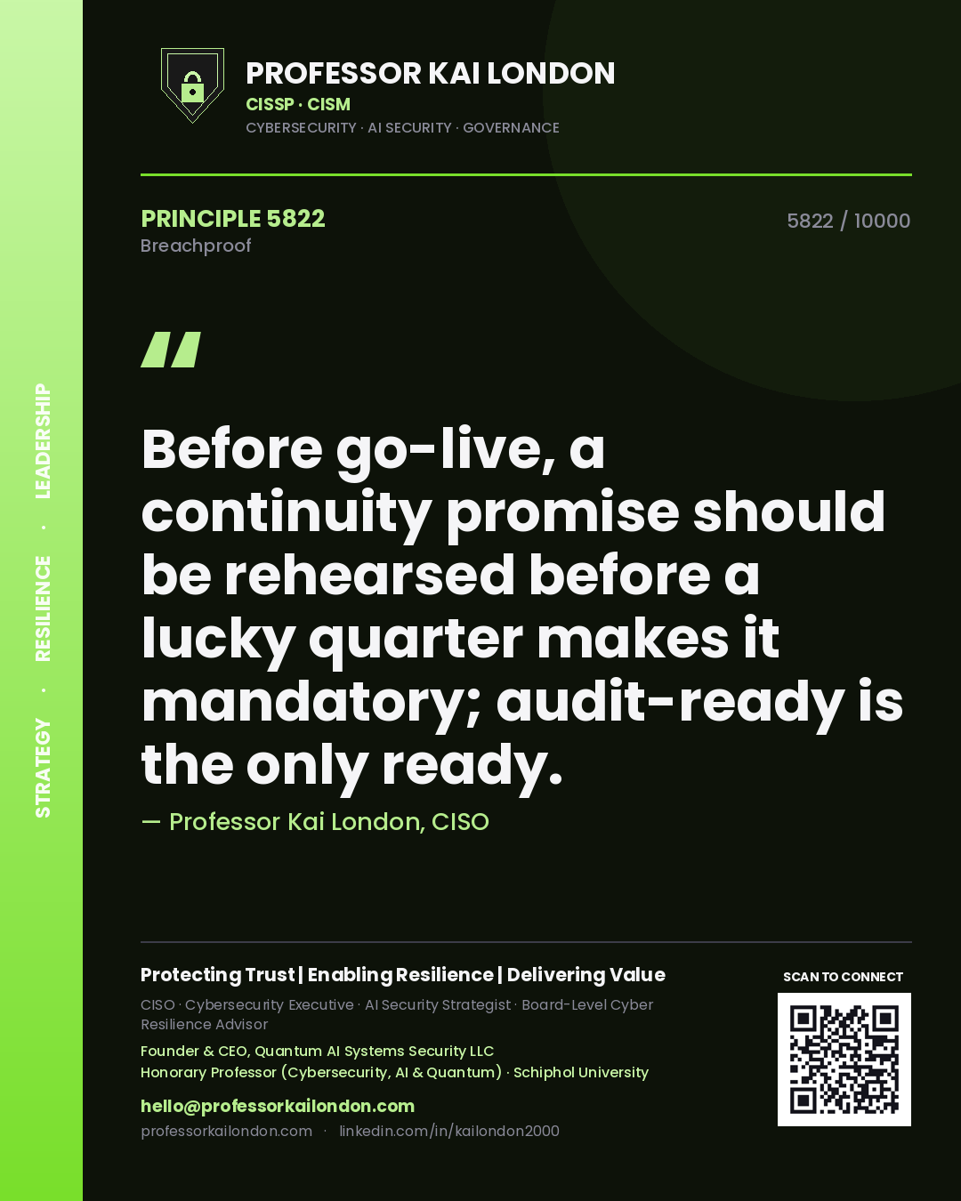 Professor Kai London principle 5822: Before go-live, a continuity promise should be rehearsed before a lucky quarter makes it mandatory; audit-ready is the only ready.