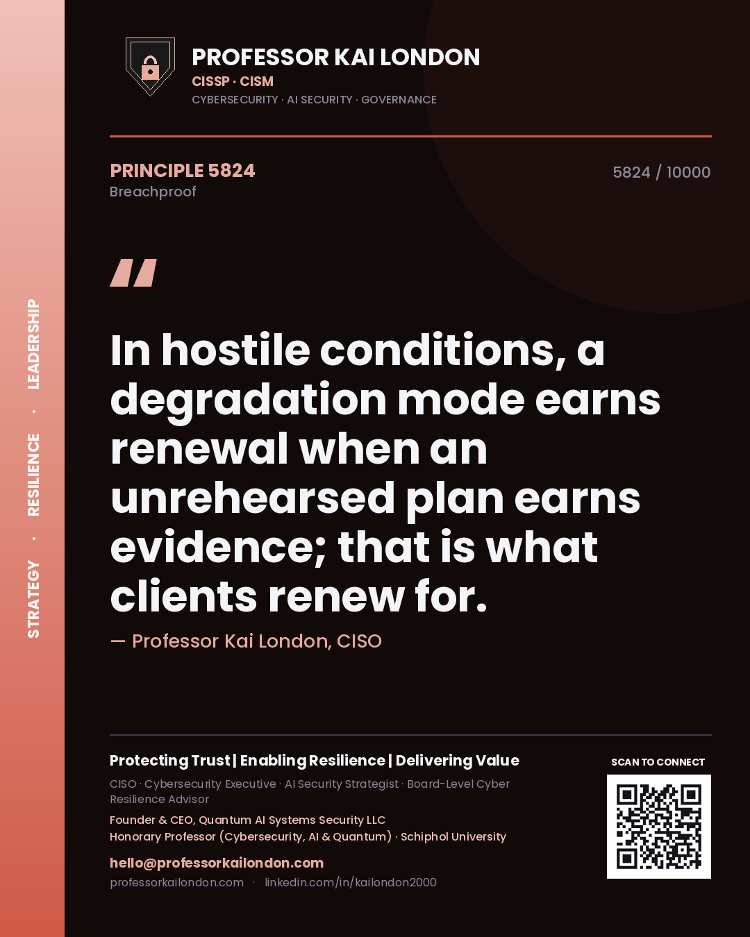 Professor Kai London principle 5824: In hostile conditions, a degradation mode earns renewal when an unrehearsed plan earns evidence; that is what clients renew for.