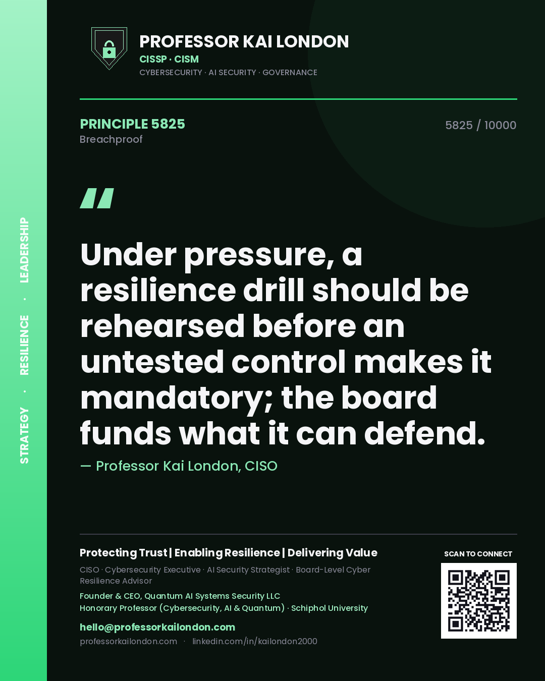 Professor Kai London principle 5825: Under pressure, a resilience drill should be rehearsed before an untested control makes it mandatory; the board funds what it can defend.