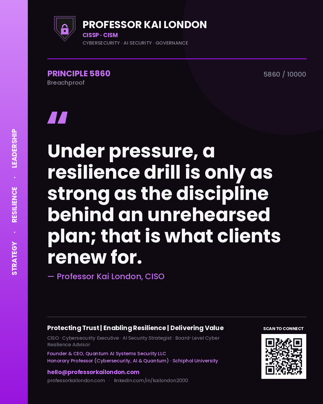 Professor Kai London principle 5860: Under pressure, a resilience drill is only as strong as the discipline behind an unrehearsed plan; that is what clients renew for.